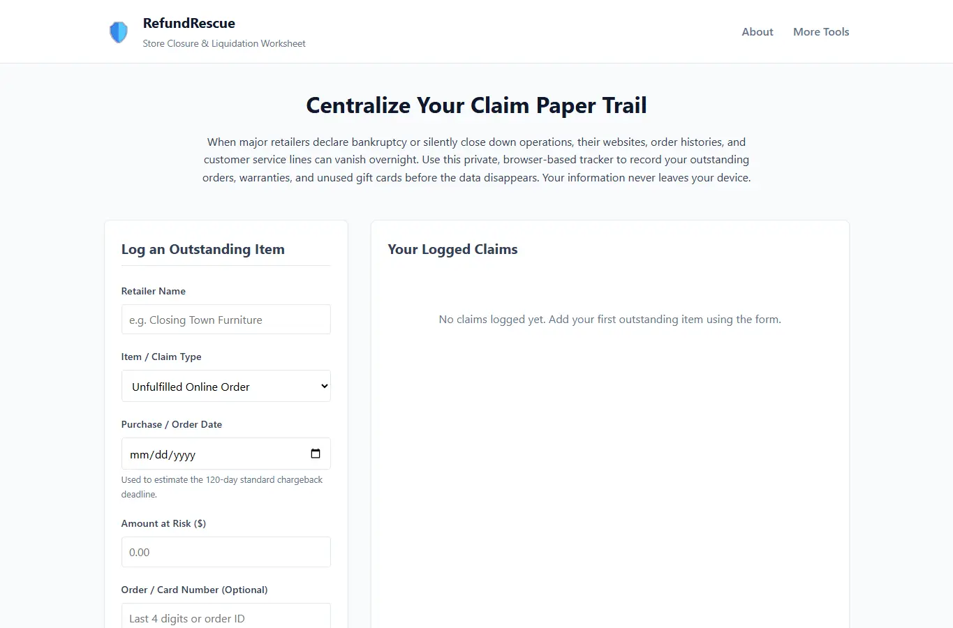 Screenshot of RefundRescue | Retailer Liquidation Claim Tracker interface showing the project page in use